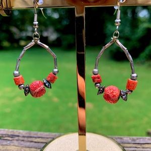 New Handmade Coral Lava-stone Hoop Dangle Earrings